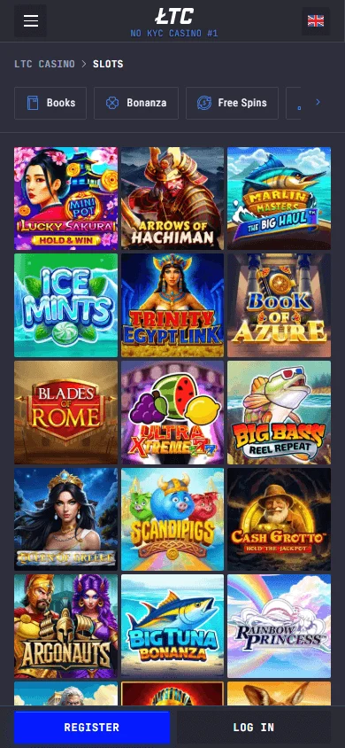 LTC Casino mobile browser game selection with slots and live casino