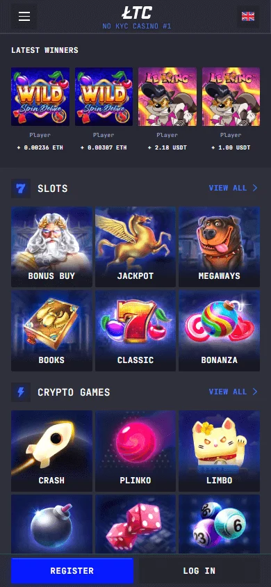 LTC Casino mobile browser home with crypto casino offer