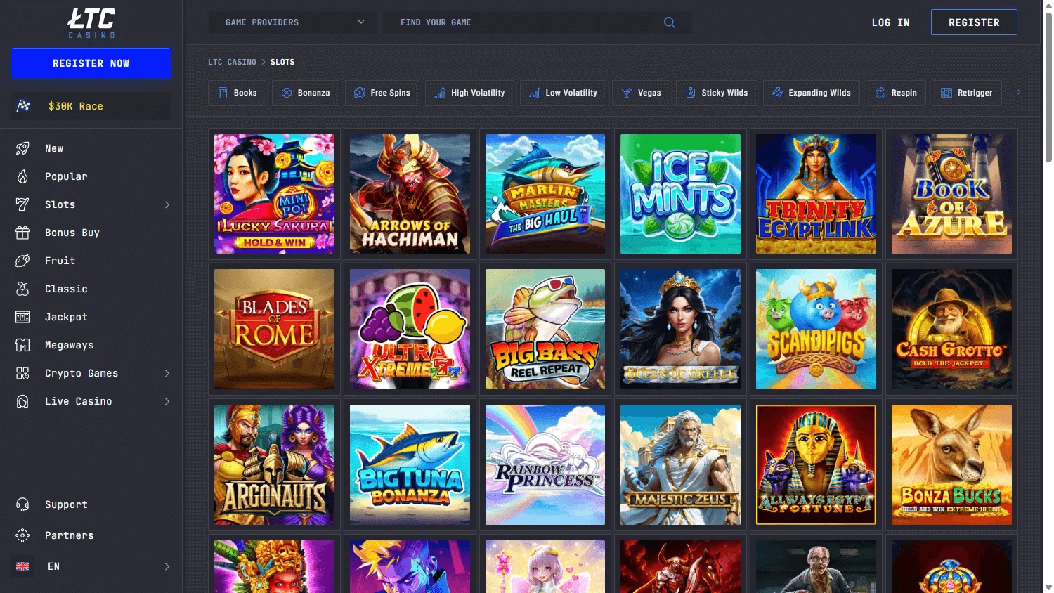 LTC Casino desktop game selection with slots, live games and crypto titles