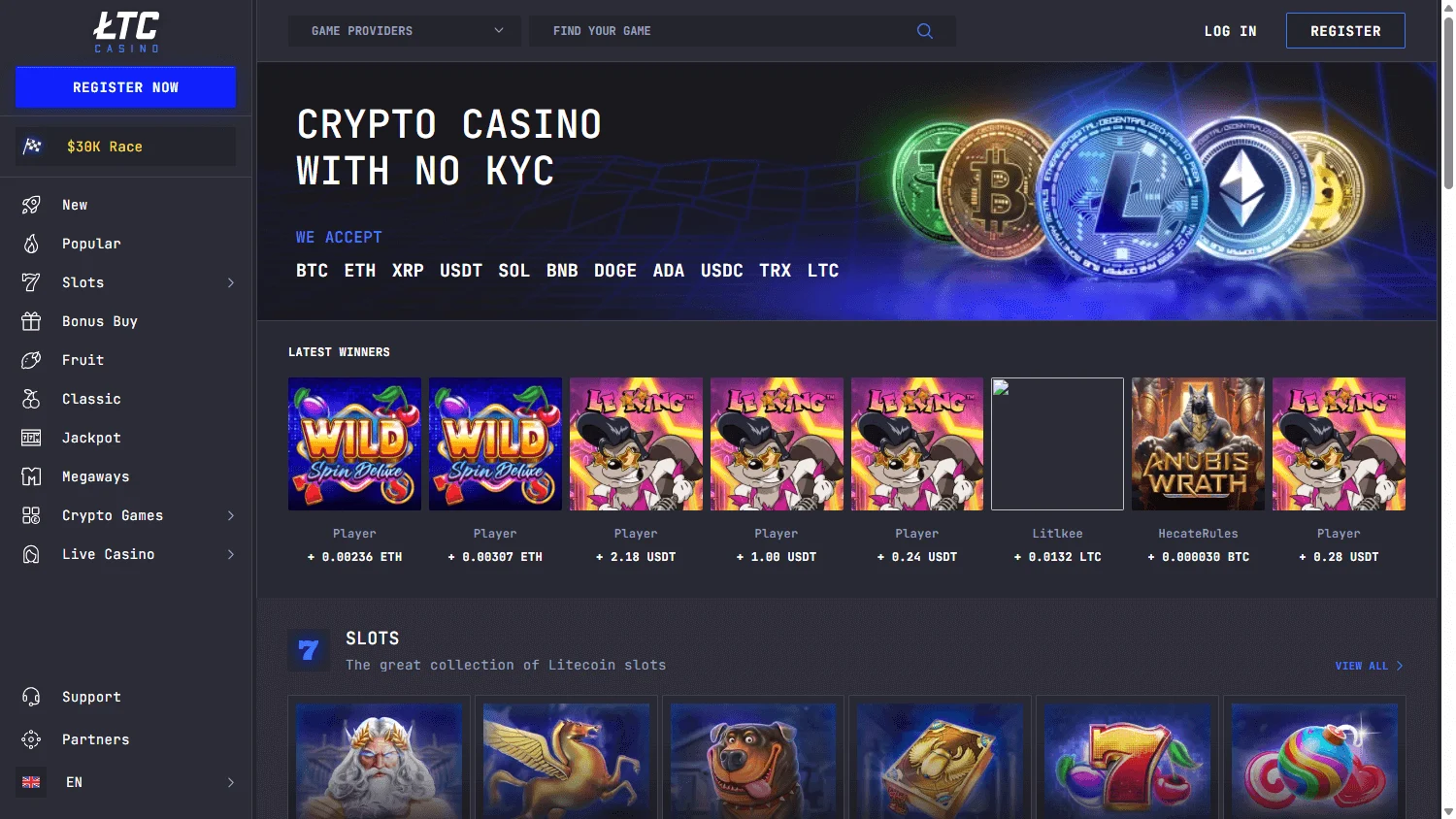 LTC Casino desktop home with crypto casino offer and account access